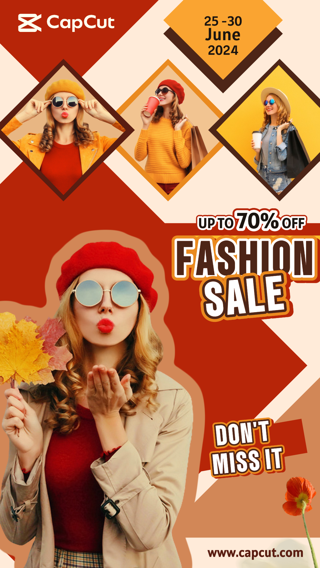 Tone on Tone Fashion Sale Marketing Poster Instagram Story Vermelho Marrom Amarelo Estilo Vintage