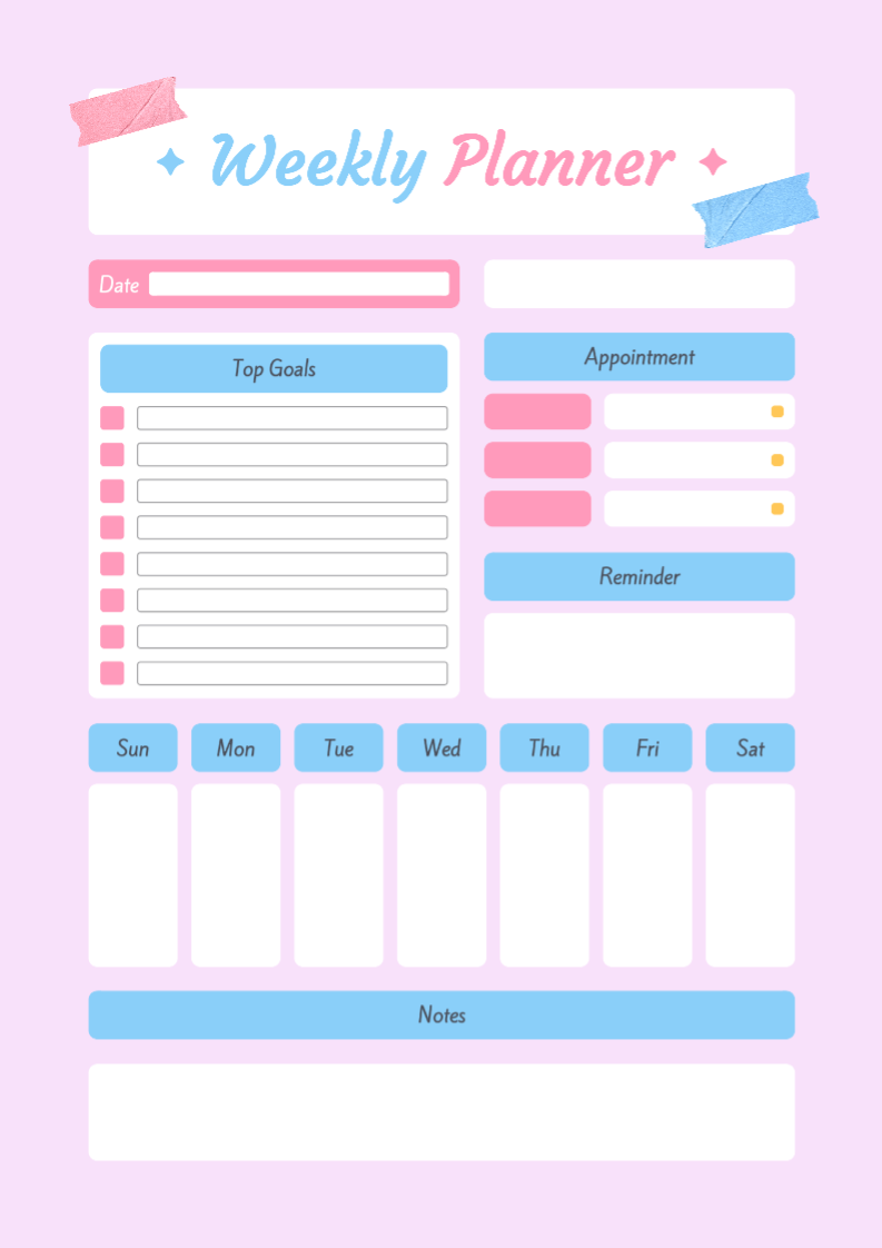 Non-marketing Weekly Planner & Schedule Pink and Blue Minimalist
