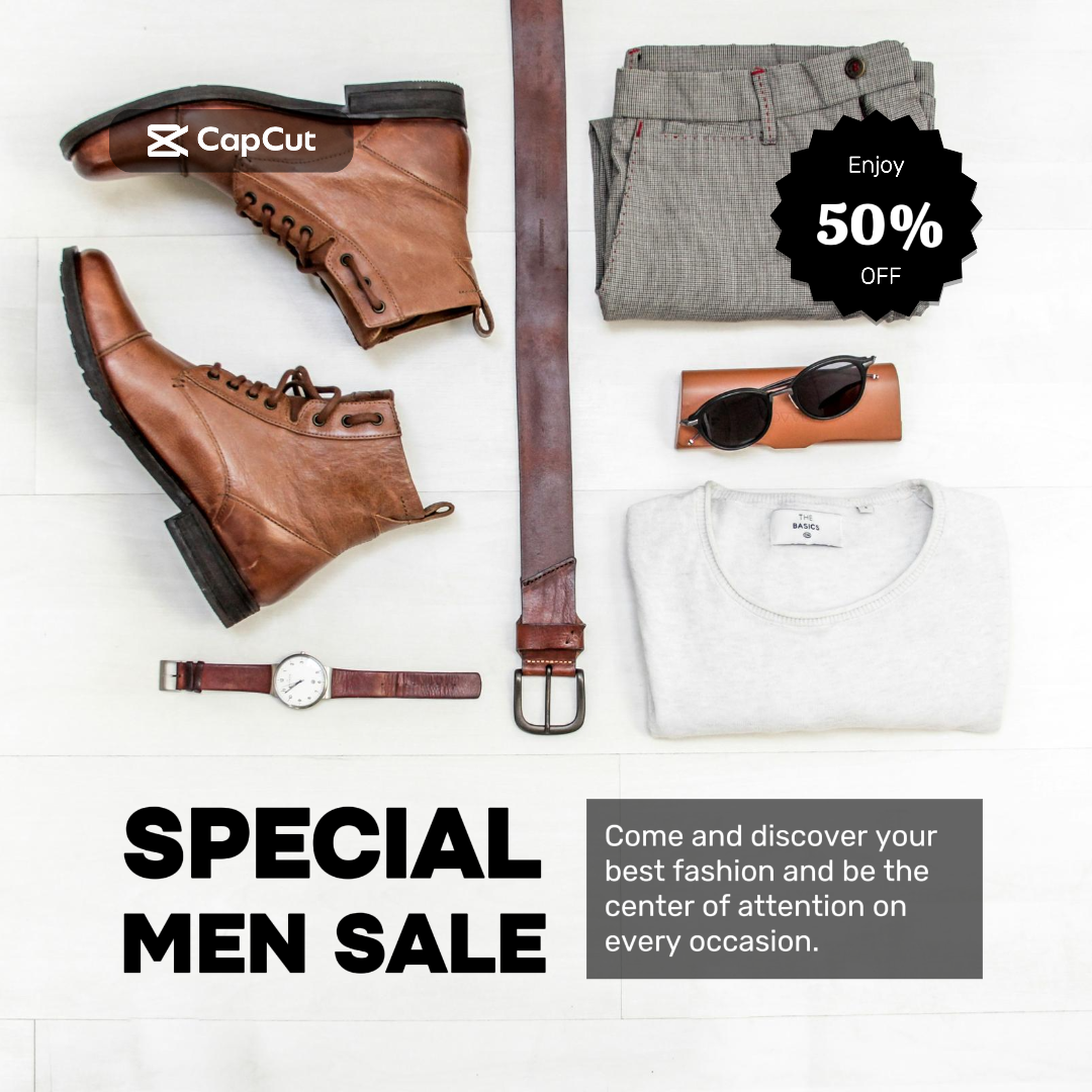 Kleidung und Schuhe Marketing Poster Instagram Post Männer Tag Verkauf Schwarz Weiß Aufkleber 50% Rabatt