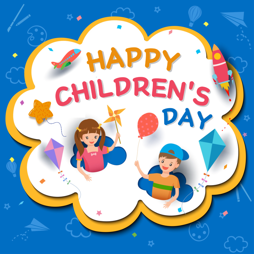 Kindertag Kreatives Poster Gruß Instagram Post Blau Weiß Gelb Rot Farbe Cartoon