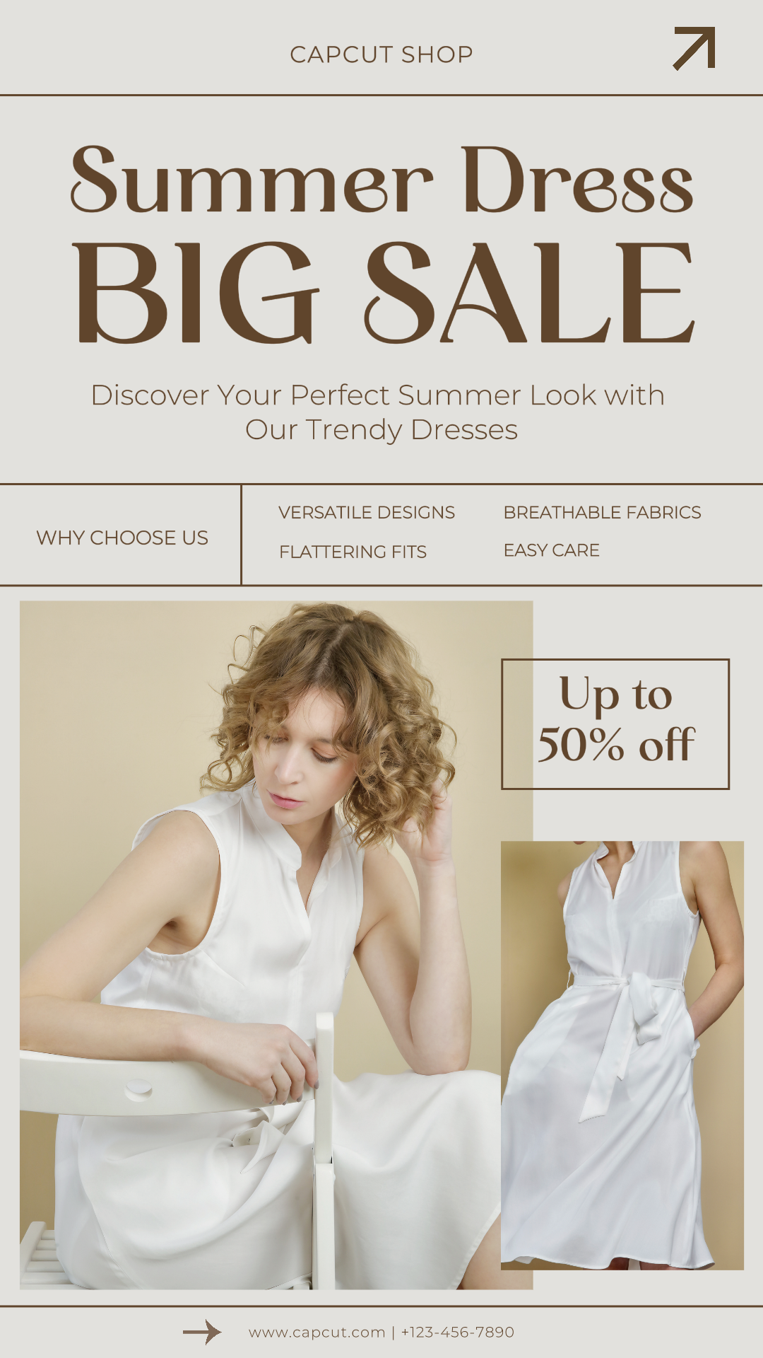 Kleidung und Schuhe Marketing Poster Sommerkleid Instagram Story Beige