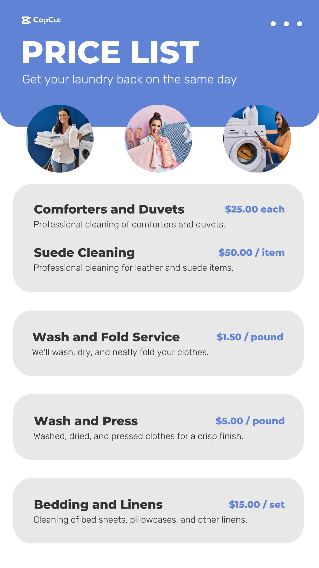 Life Service Laudry Pricelist Instagram Story Blue