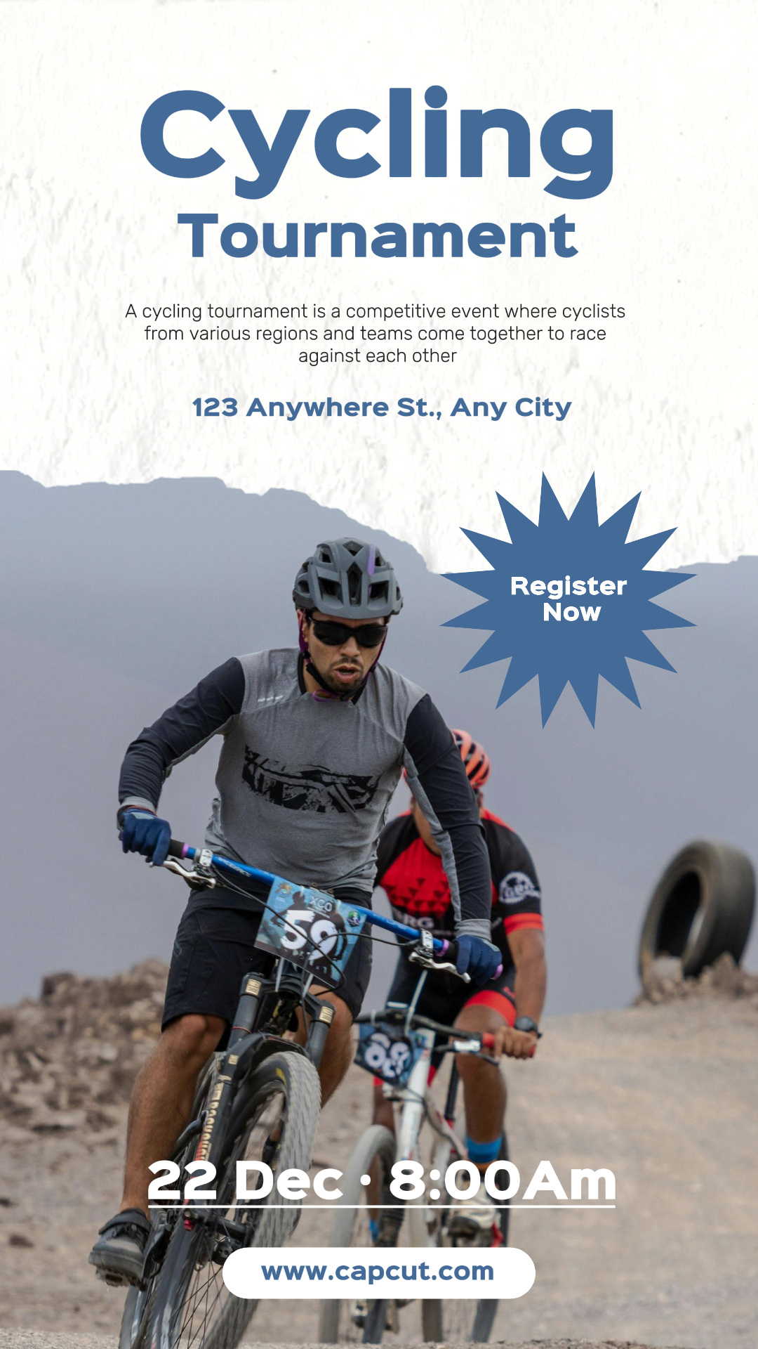 Póster de marketing deportivo y de partidos Torneo de ciclismo Azul dan Blanco