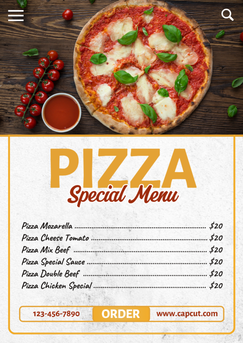 Menu não comercial Pizza especial