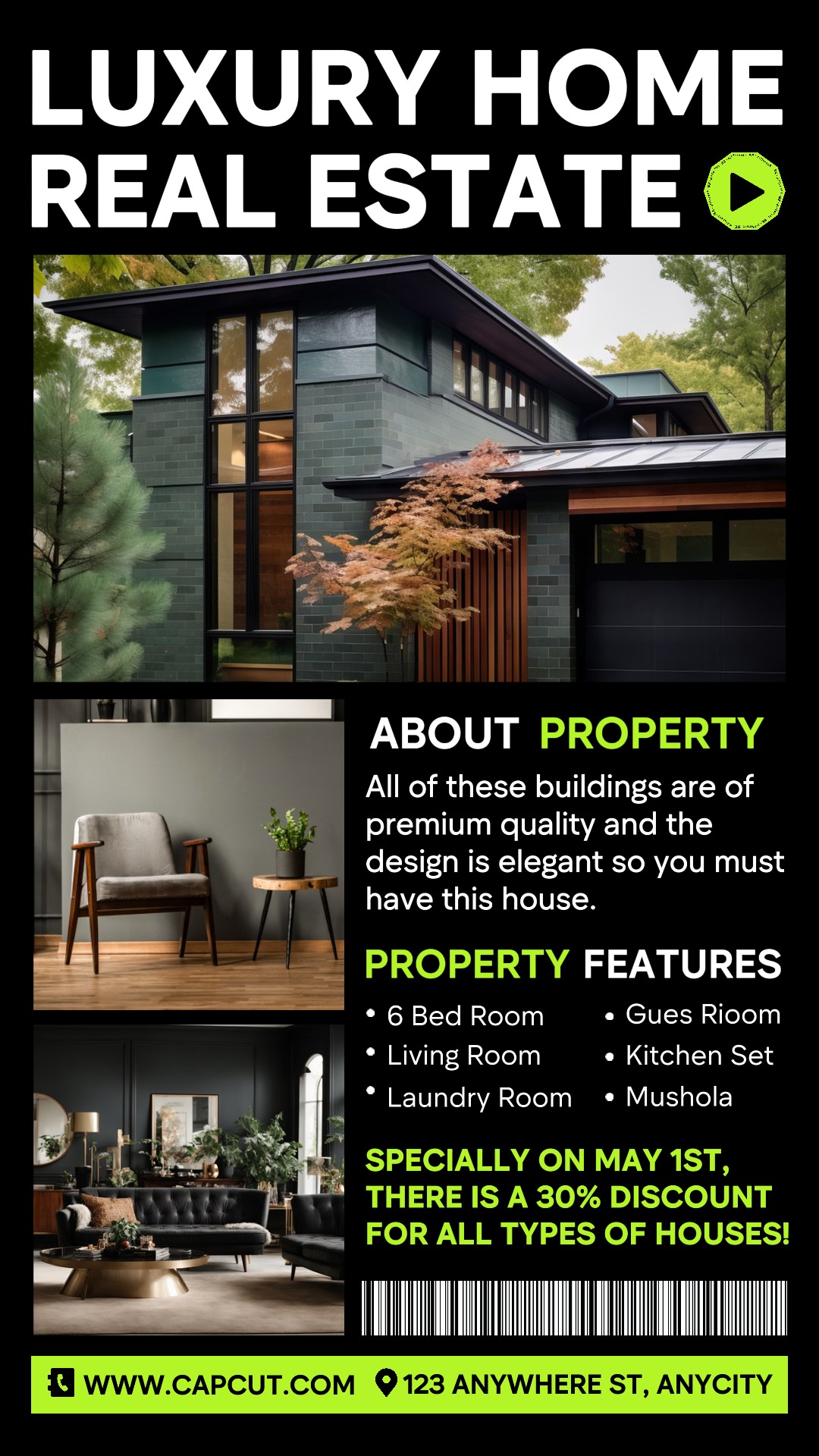 Maison de luxe promotion immobilière histoire Instagram noir vert minimaliste