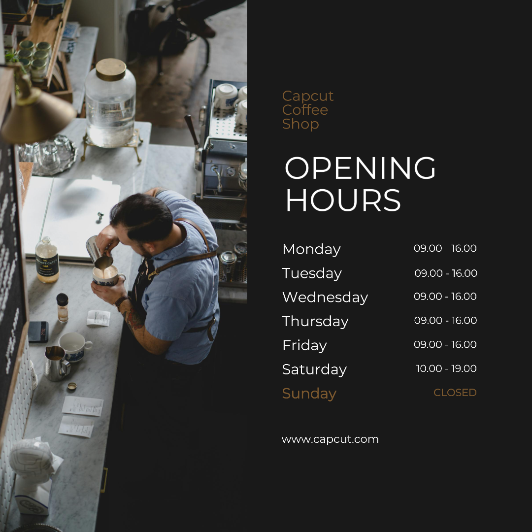 Affiche marketing pour les entreprises et les bureaux Heures d'ouverture des publications Instagram Noir