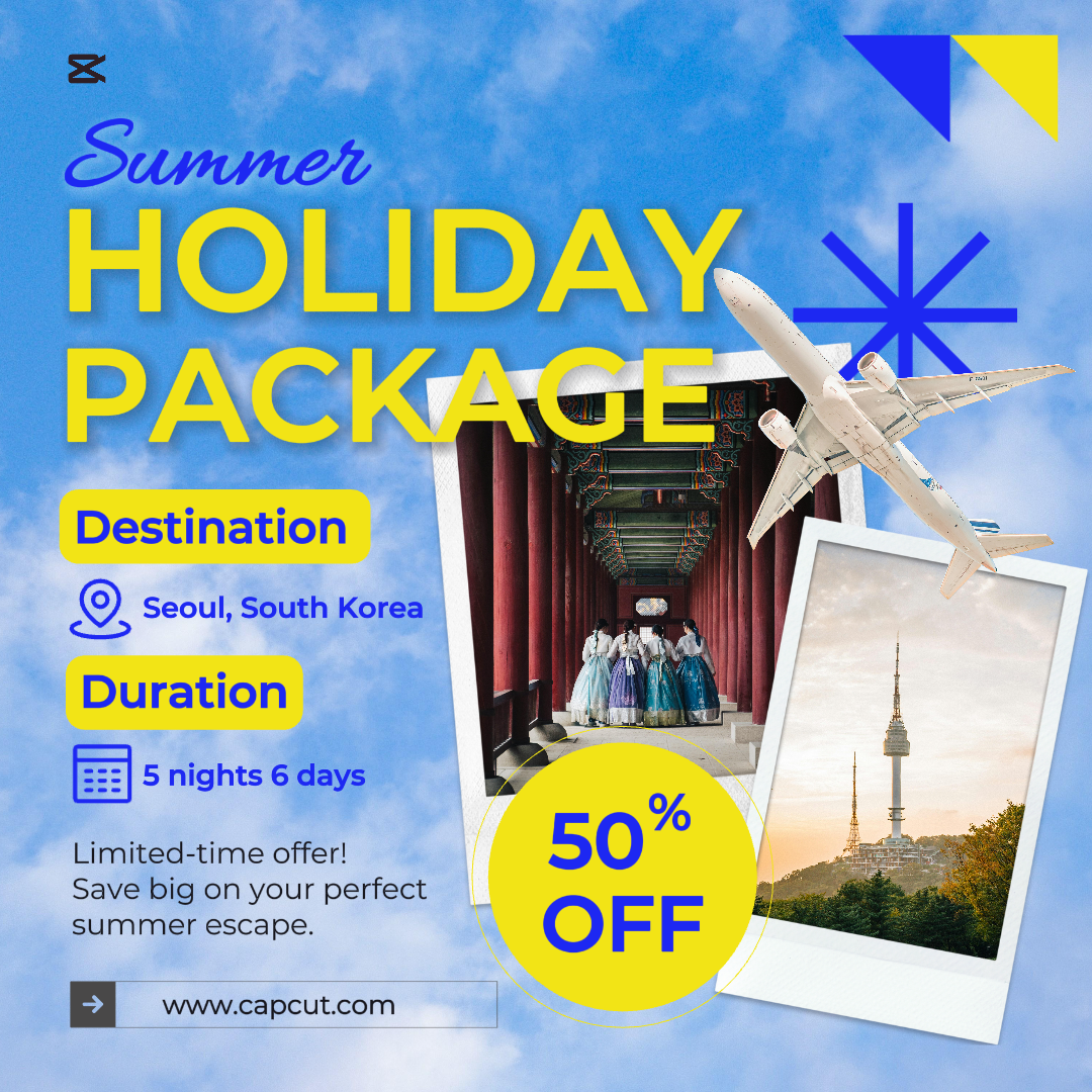 Venda de verão Poster de marketing Viagem 1: 1 Instagram Pacote de férias de verão Amarelo Azul