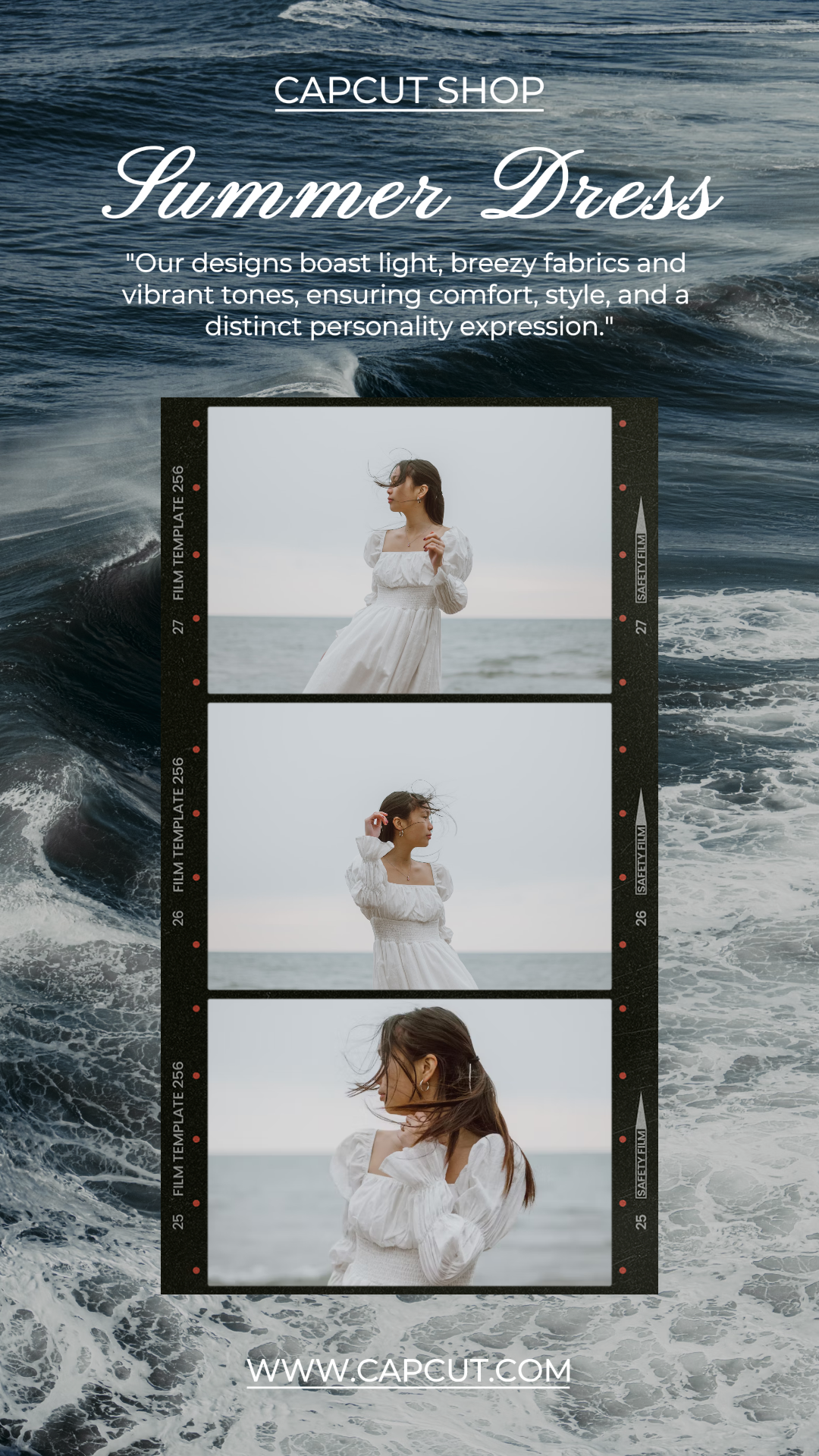 Marketing Roupas Exibição Produto Instagram História Vestido de Verão Branco e Azul