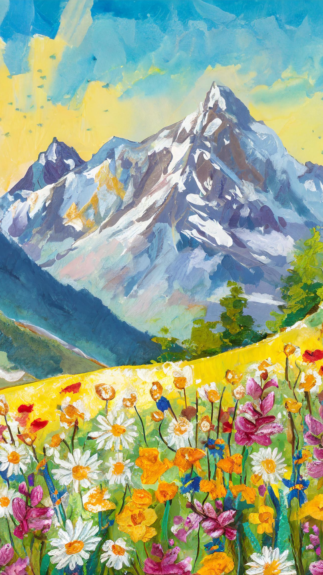 Wallpaper kreatif poster bunga dan lukisan gunung