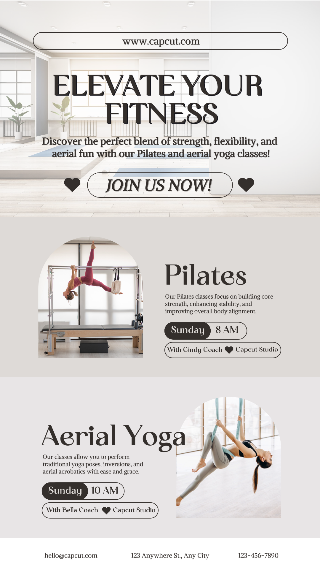 Affiche marketing pour l'entraînement et le fitness, promotion de Pilates et yoga aérien sur Instagram