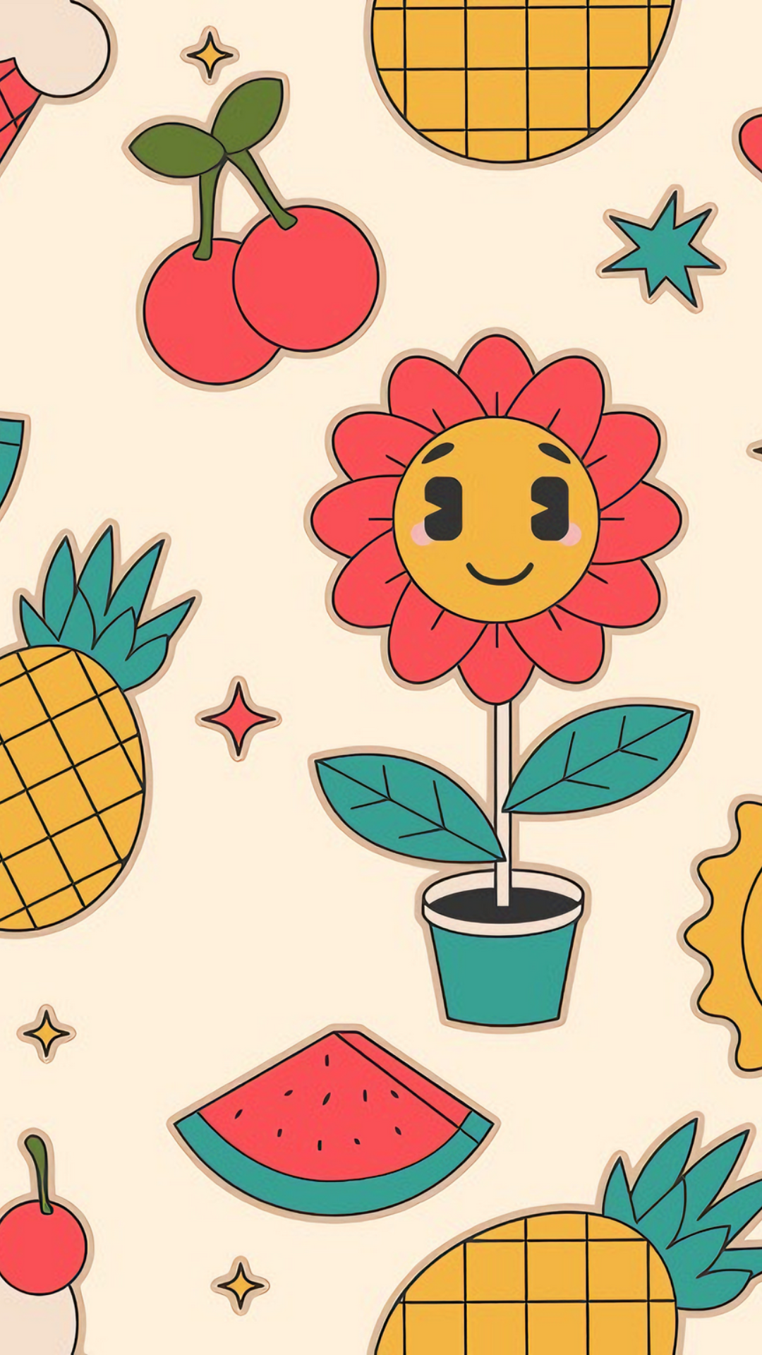 Tapete Früchte Blume Kirsche Creme Rot Weiß Grün Illustration Cartoon