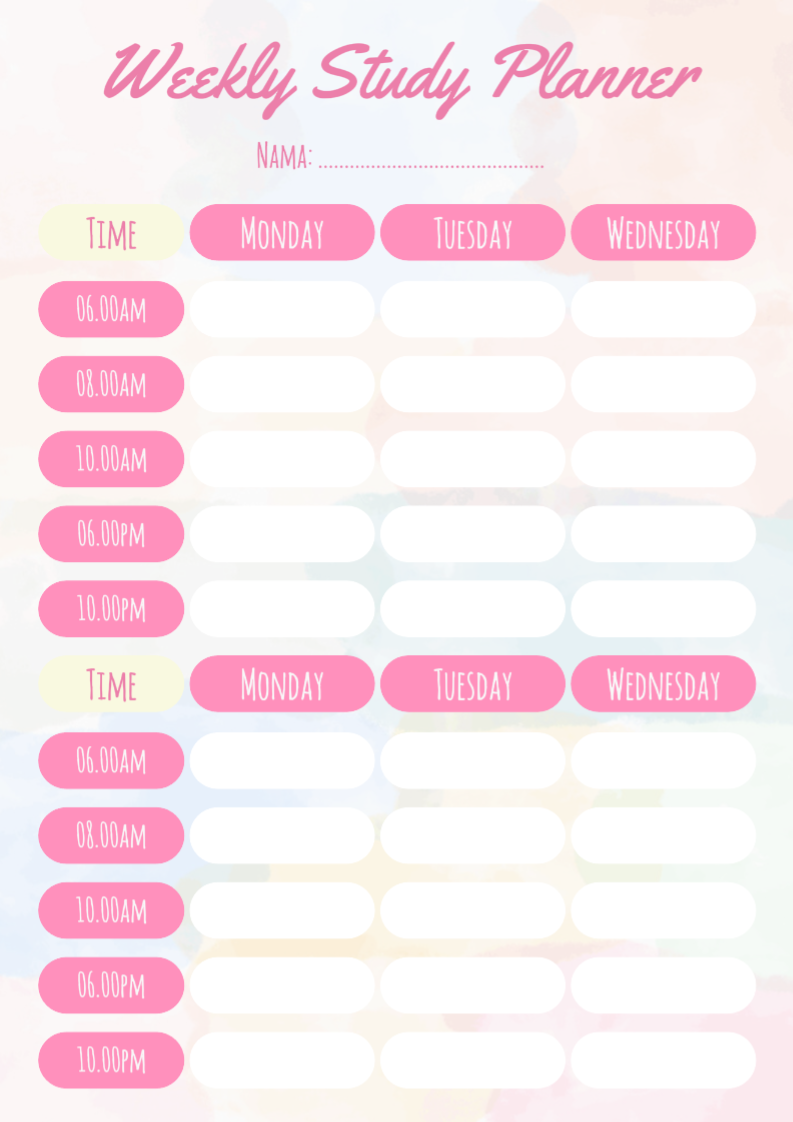 Jadwal Waktu Pendidikan Non-Pemasaran Pink Cute