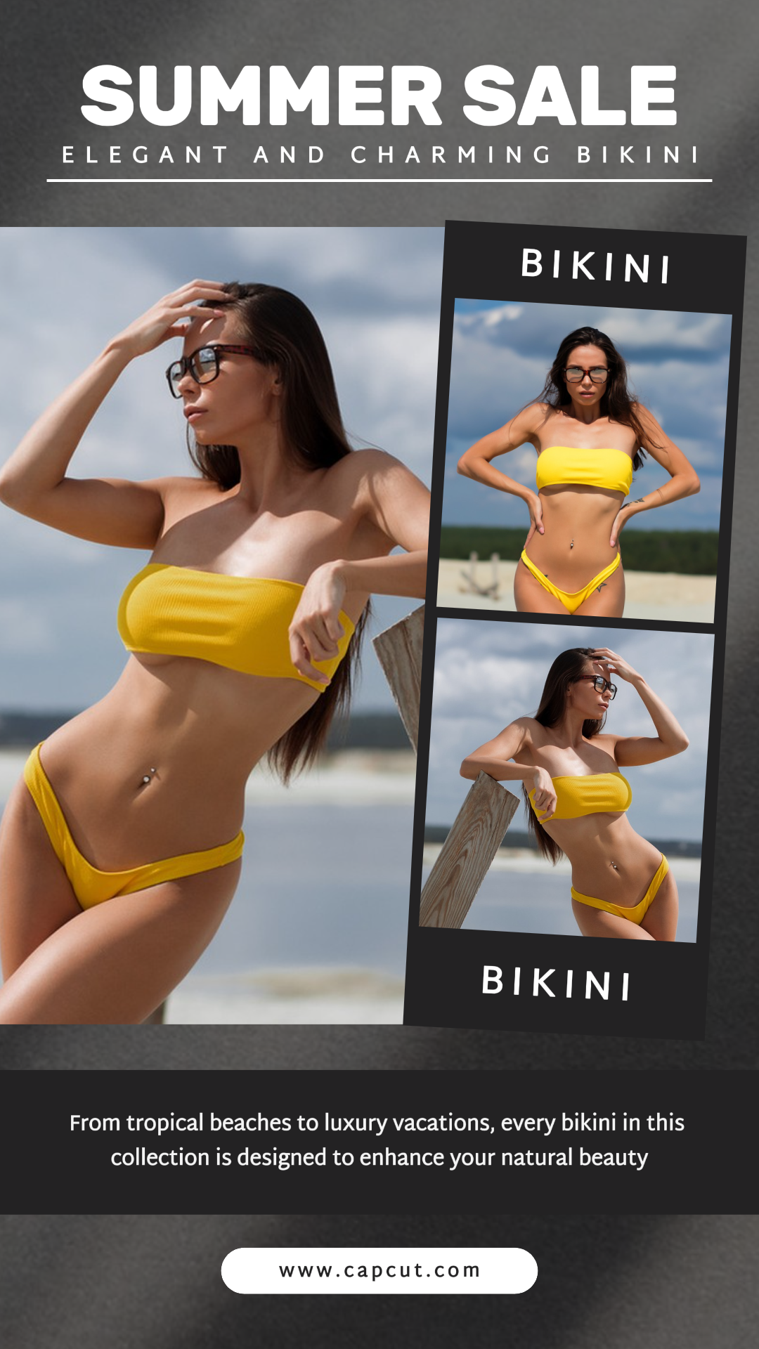 Kleidung und Schuhe Marketing Poster Bikini Instagram Story Grau und Gelb