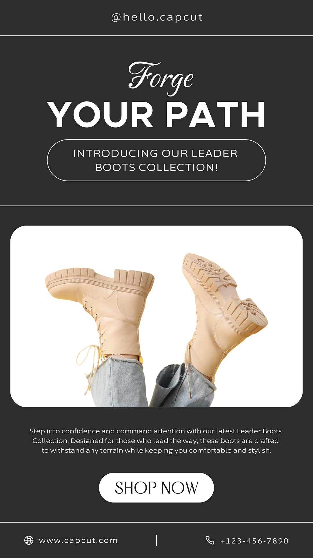 Ropa y zapatos Cartel de marketing Líder Botas Pantalla de producto Instagram Post estilo elegante