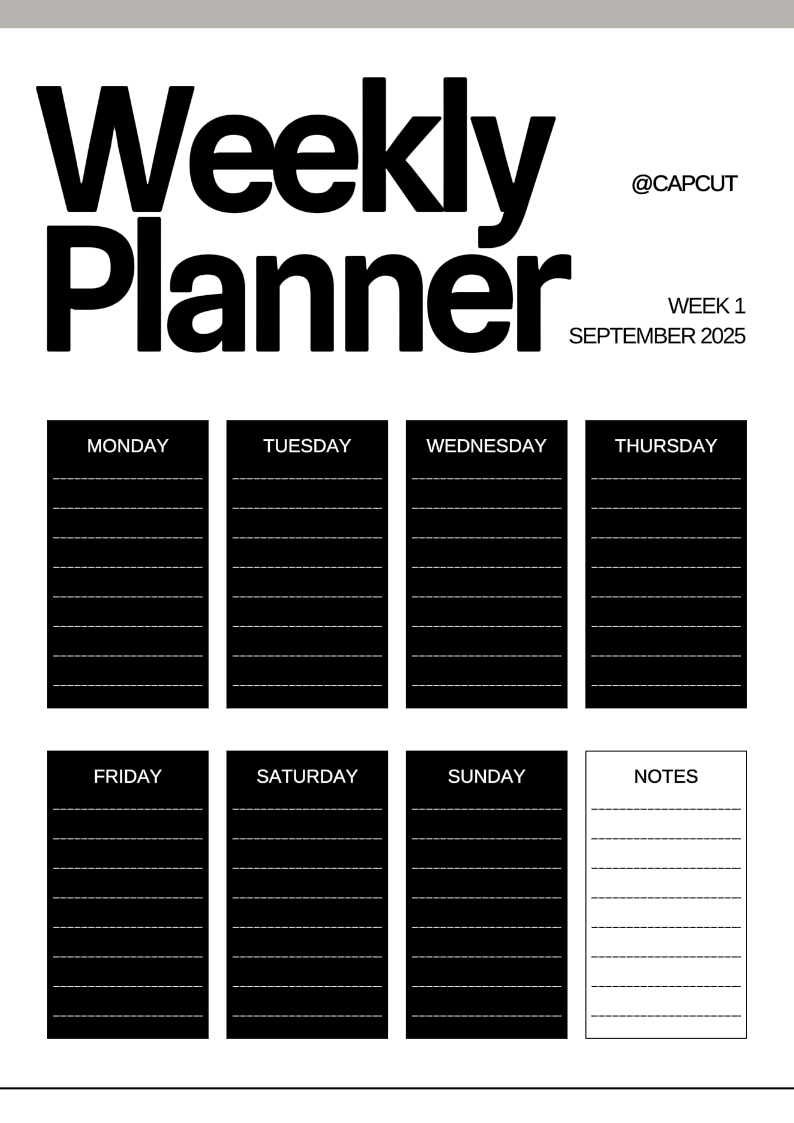Non-Marketing Weekly Planner Black Minimalist