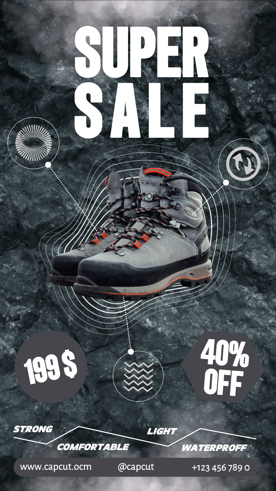 Promo de réduction sur les chaussures de montagne pour de simples histoires Instagram